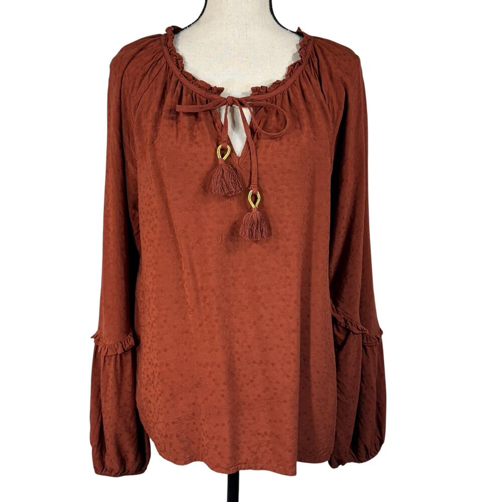 Knox Rose Small Tunic Top V-Neck Keyhole Tassels Long Balloon Sleeve Ruffled New